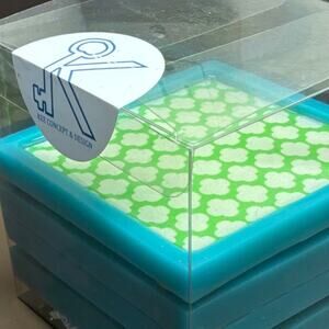 Kee Concept & Design Coasters Set 4 New Square Blue Green Trellis Pattern
